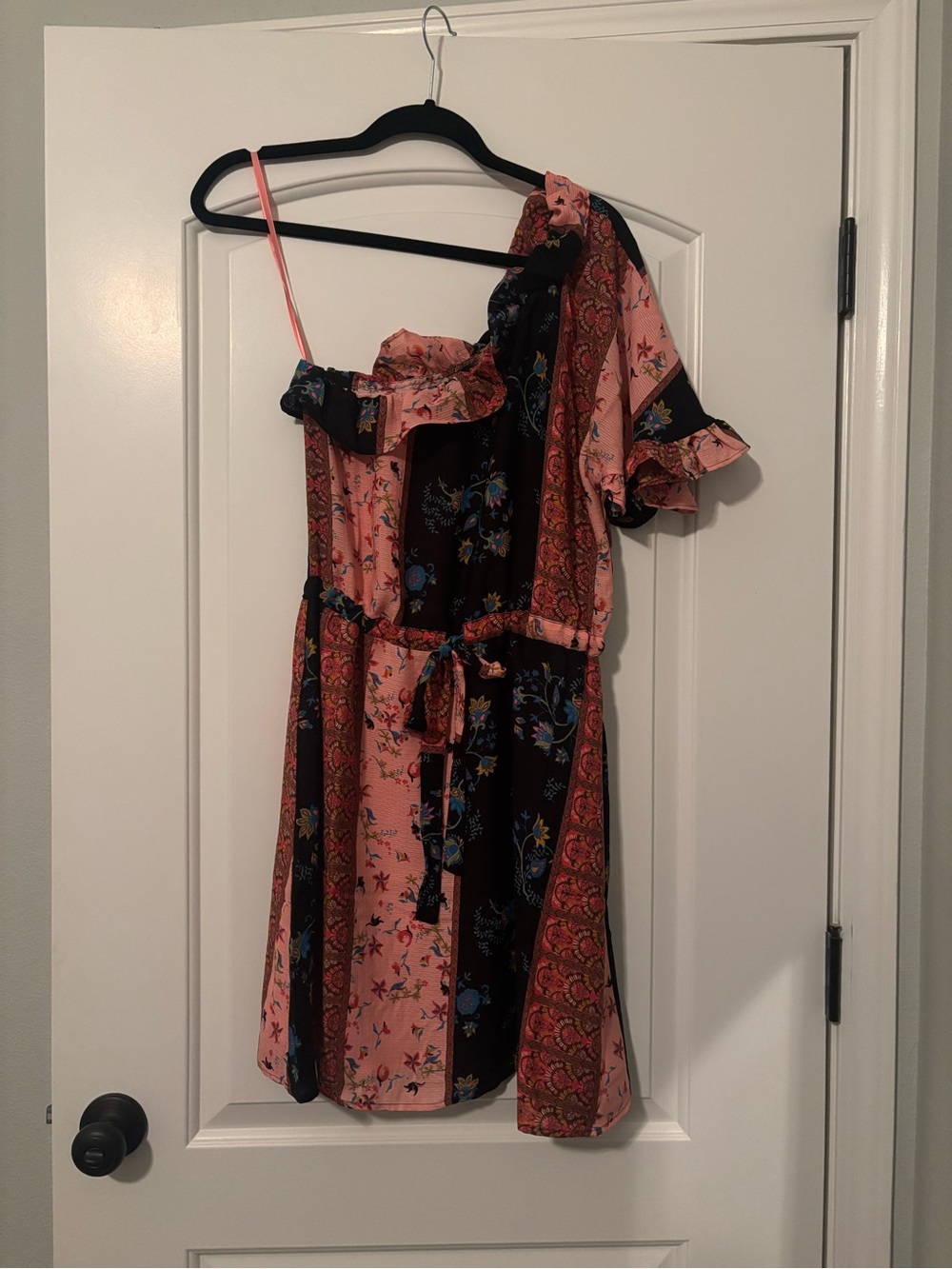NWOT 19 Cooper One-Shoulder Patchwork Dress in Pink and Black